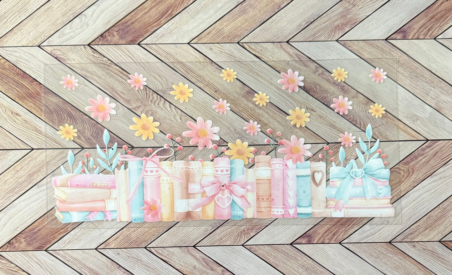 Pastel books and flowers