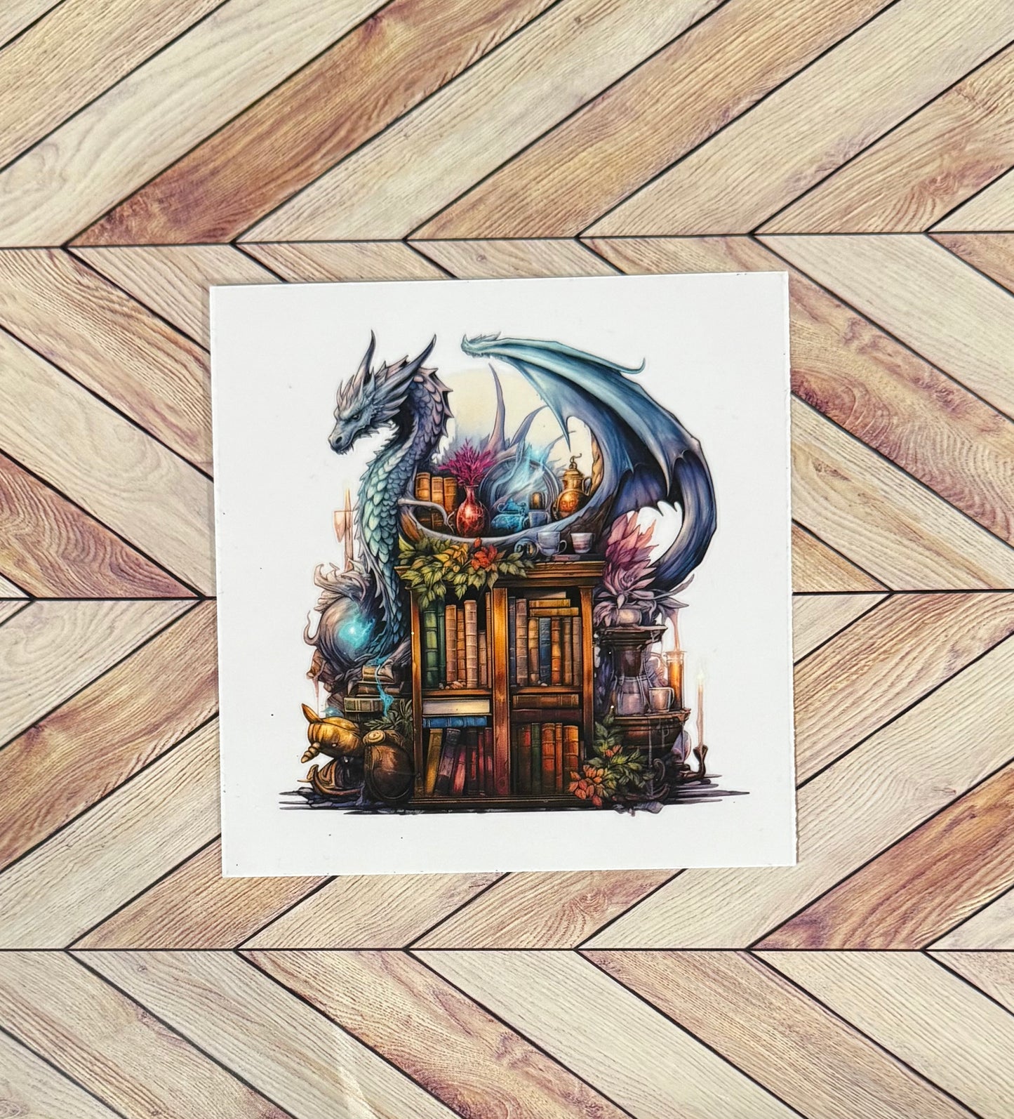Dragon and bookshelves