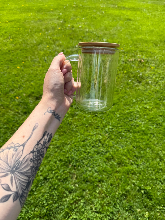 15oz glass mug snow globe (fillable handle)